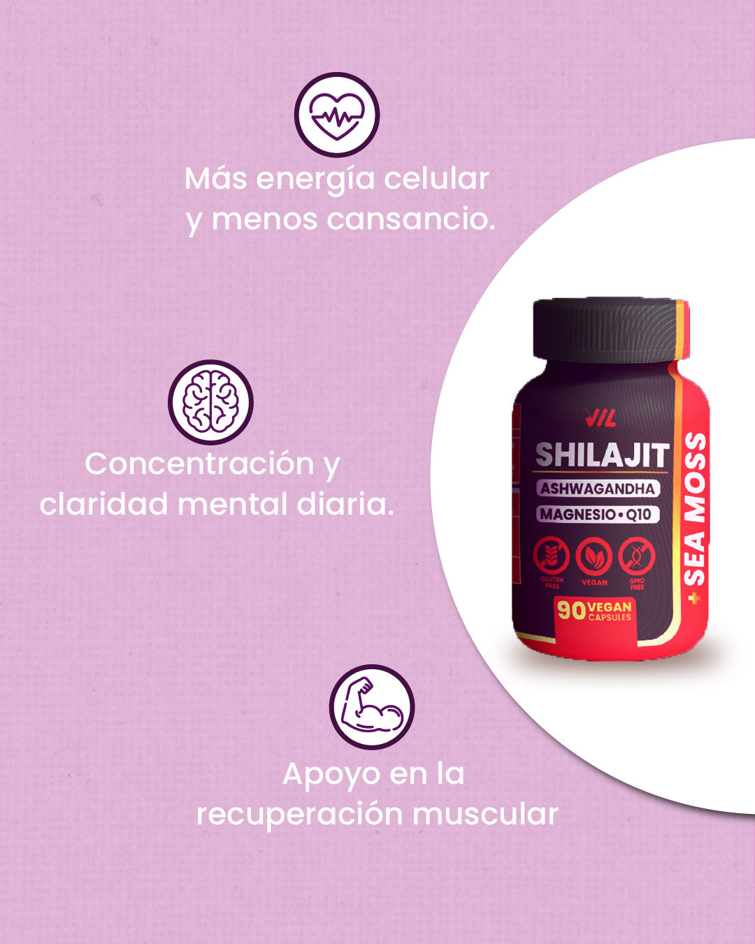 Shilajit Puro Vitalidad 5 en 1 – Con Ashwagandha, Magnesio y Sea Moss (90 Cápsulas)