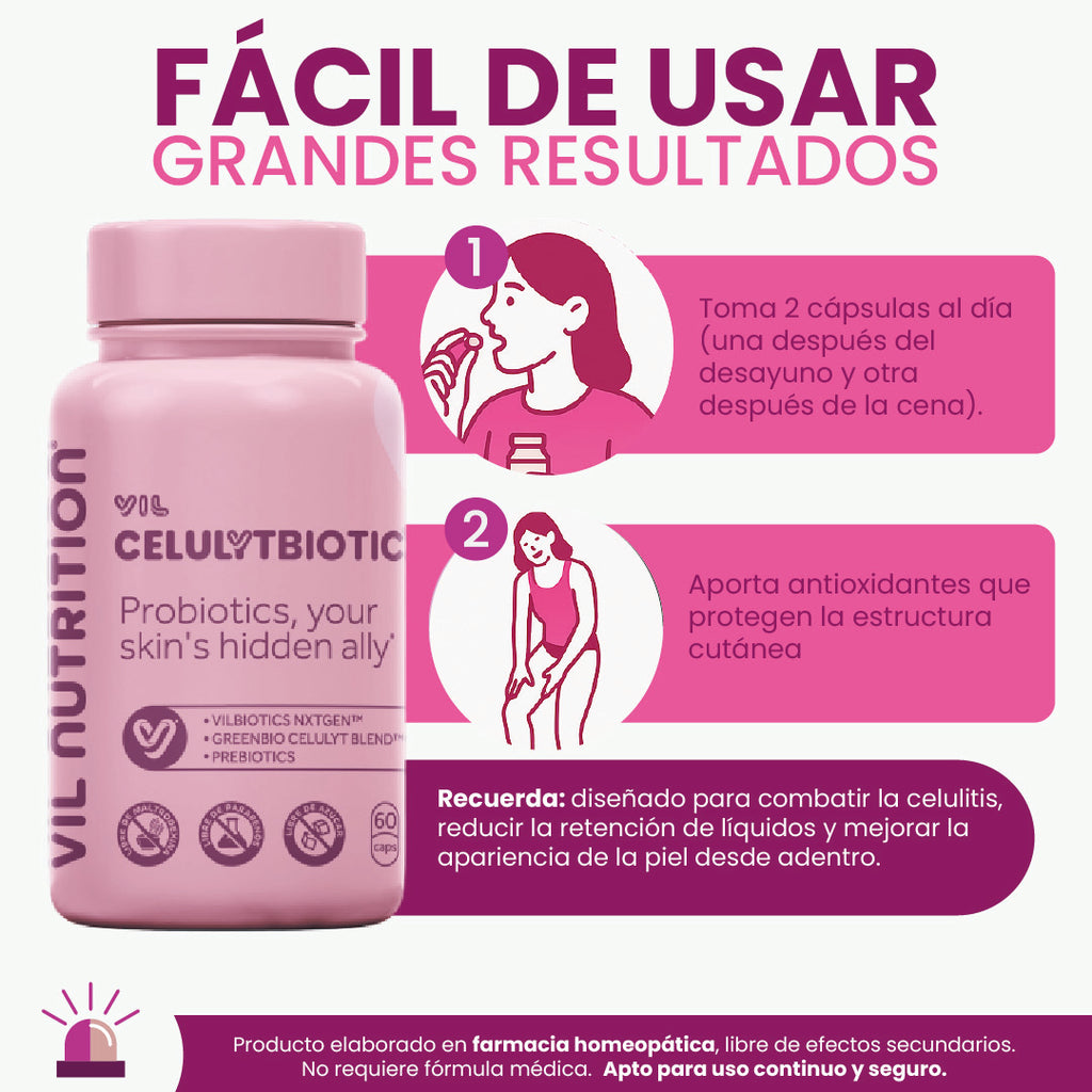 VIL CelulYtBiotic – Tratamiento Probiótico Anticelulítico, Drenante y Firmeza (60 Cápsulas Veganas)