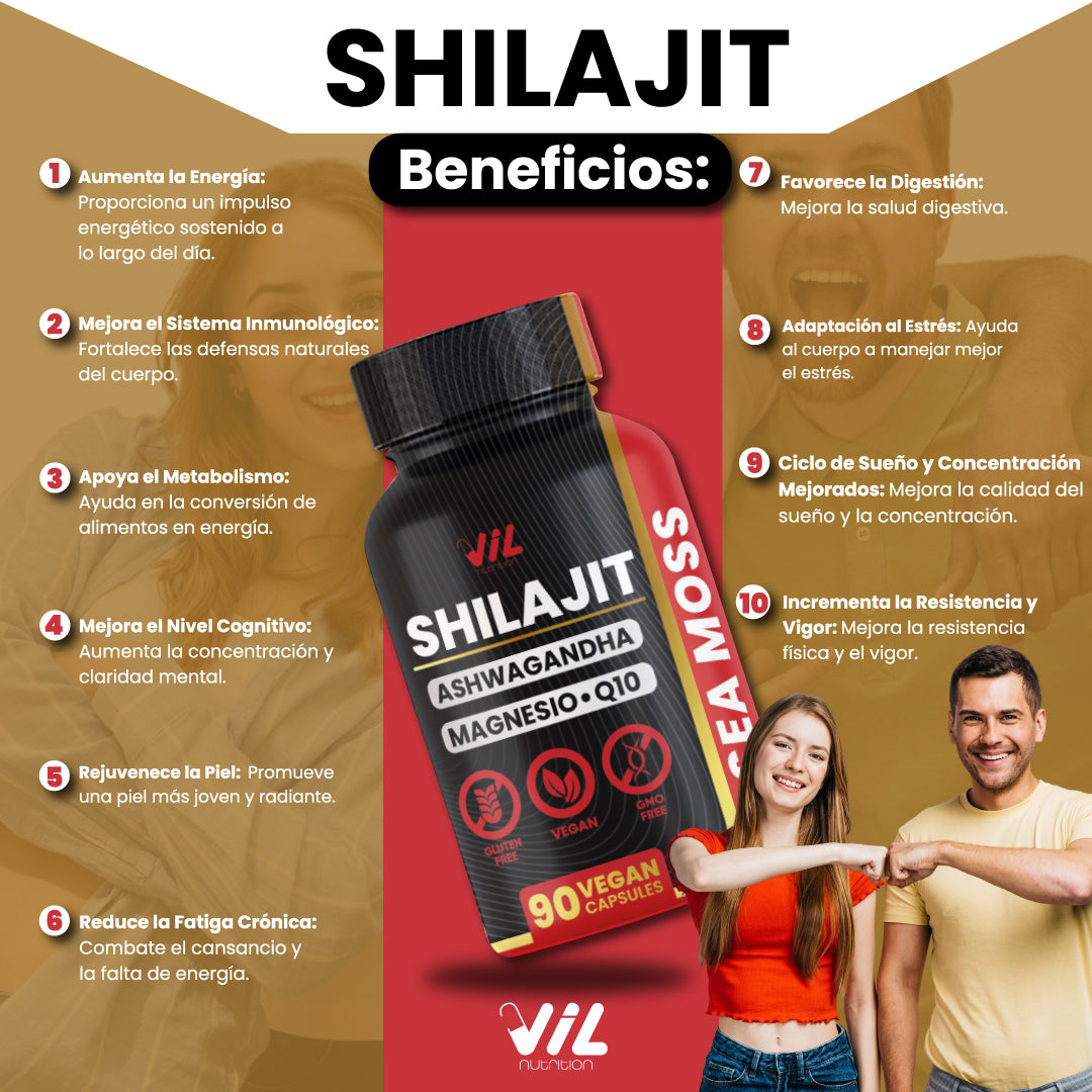 Shilajit Puro Vitalidad 5 en 1 – Con Ashwagandha, Magnesio y Sea Moss (90 Cápsulas)