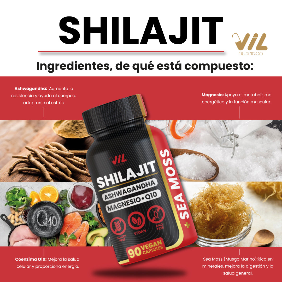 Shilajit Puro Vitalidad 5 en 1 – Con Ashwagandha, Magnesio y Sea Moss (90 Cápsulas)